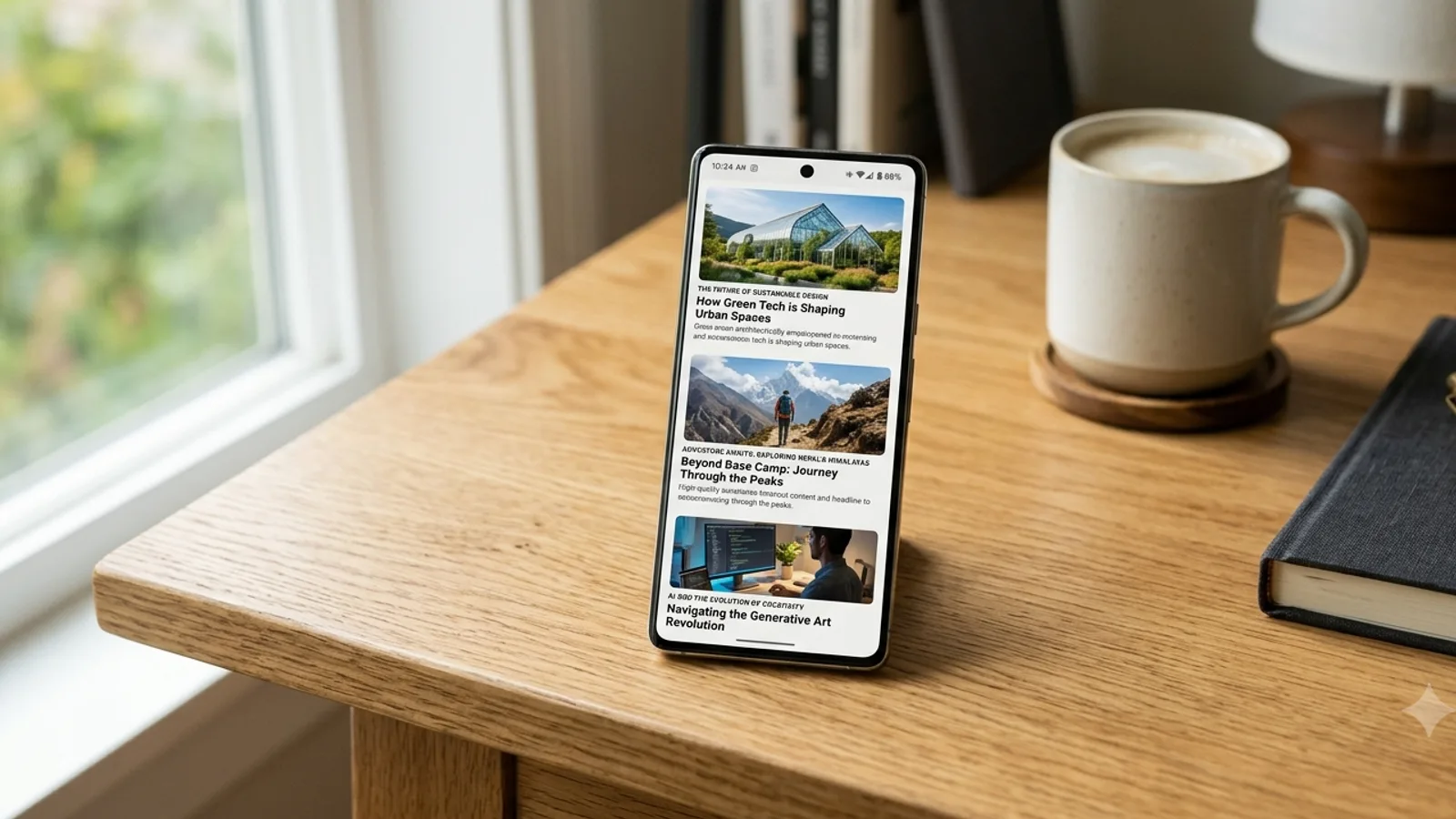 A smartphone on a wooden table showing a vertical feed of article cards with large landscape images